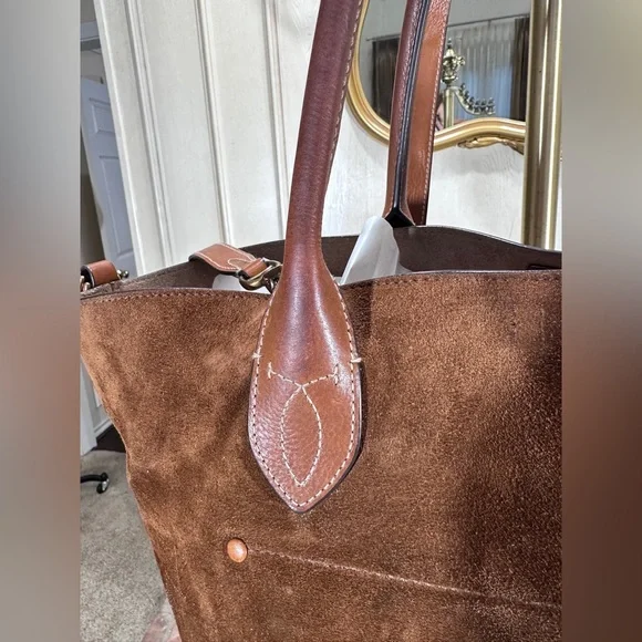 Polo Ralph Lauren Bellport Suede Leather Medium Tote Bag Brown Adjustable Strap - Picture 4 of 16